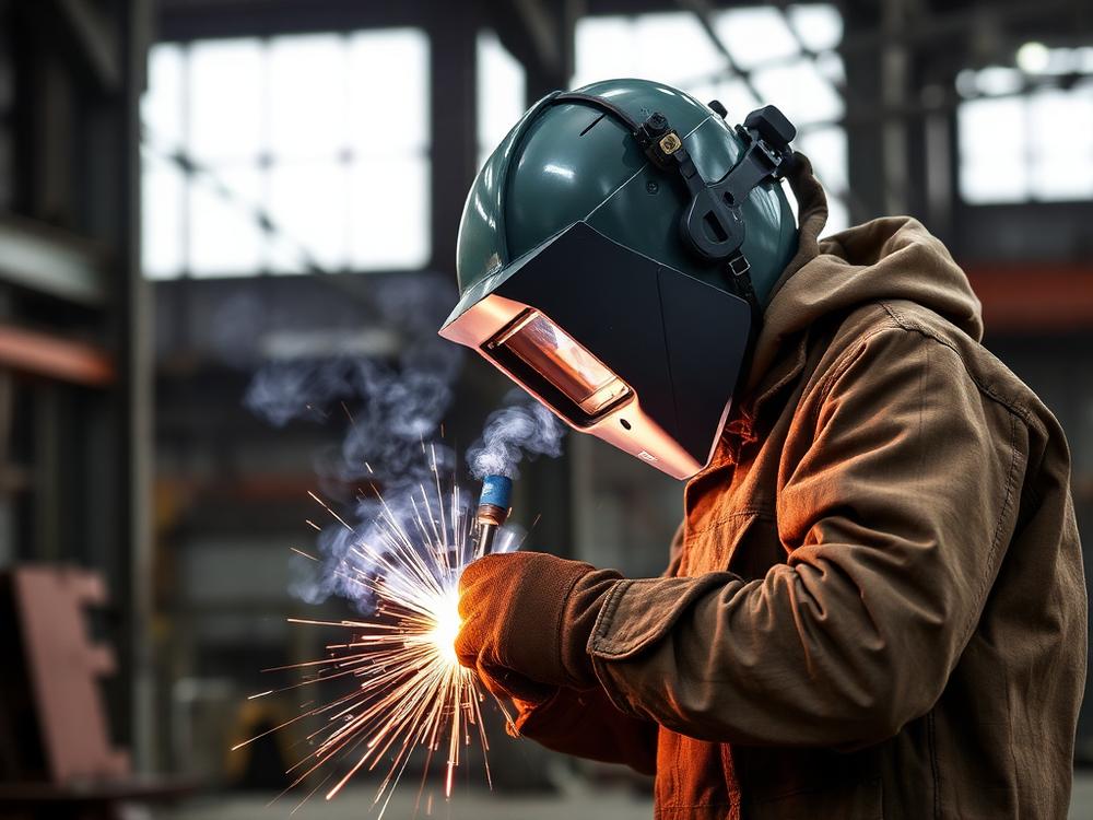 Welder fabricating a steel girder in the yard