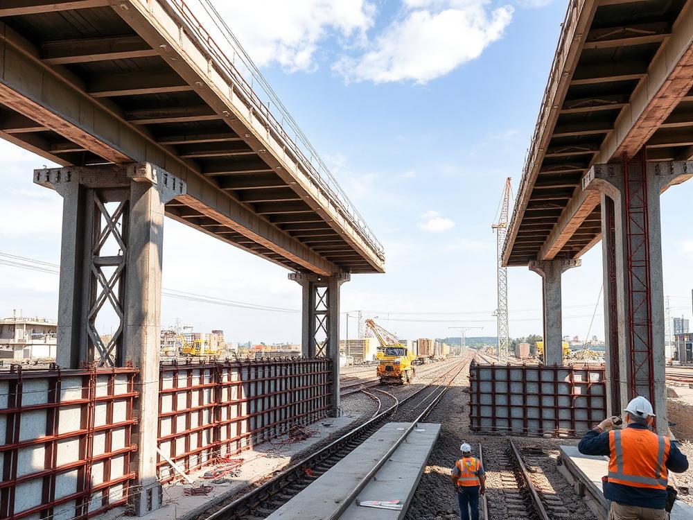 Deck slab shuttering erected under a bridge span
