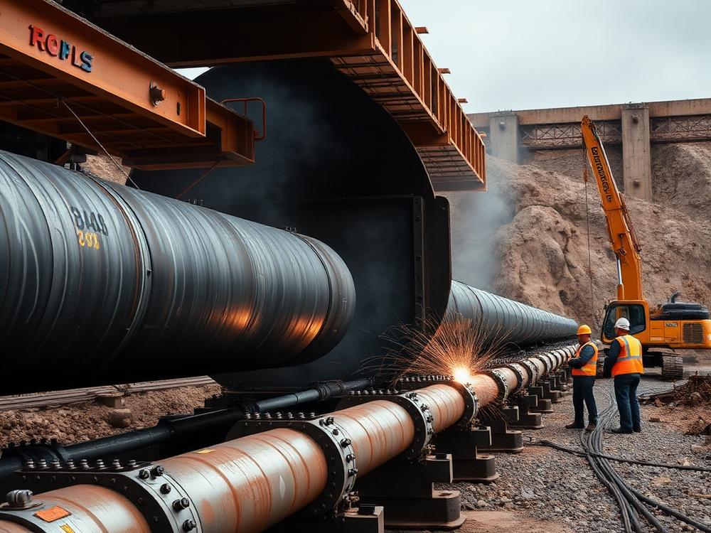 Pipeline sections being laid and welded on site